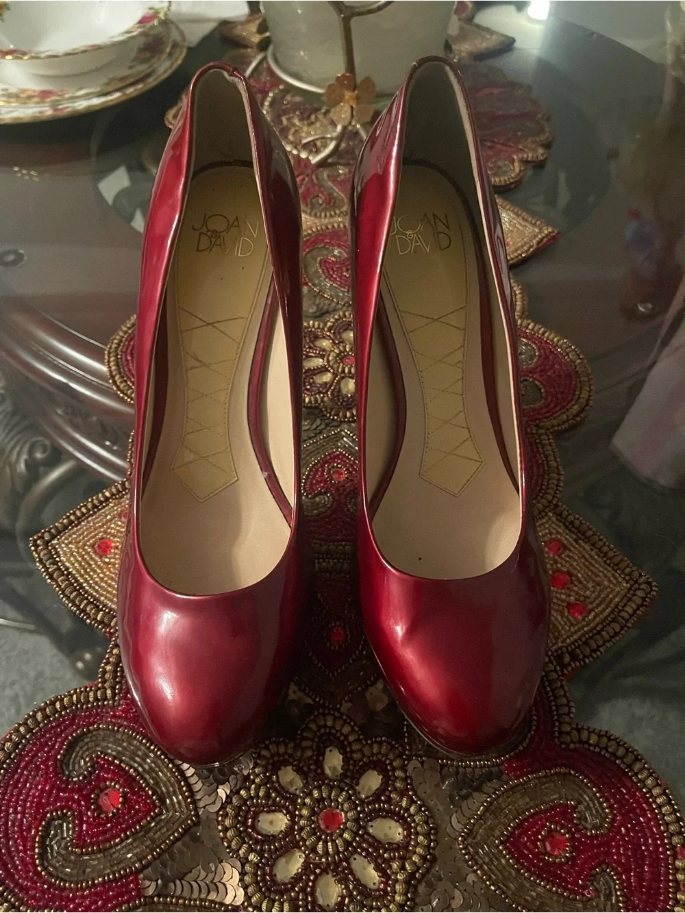 Joan & David Burgundy Patent Platform Pumps